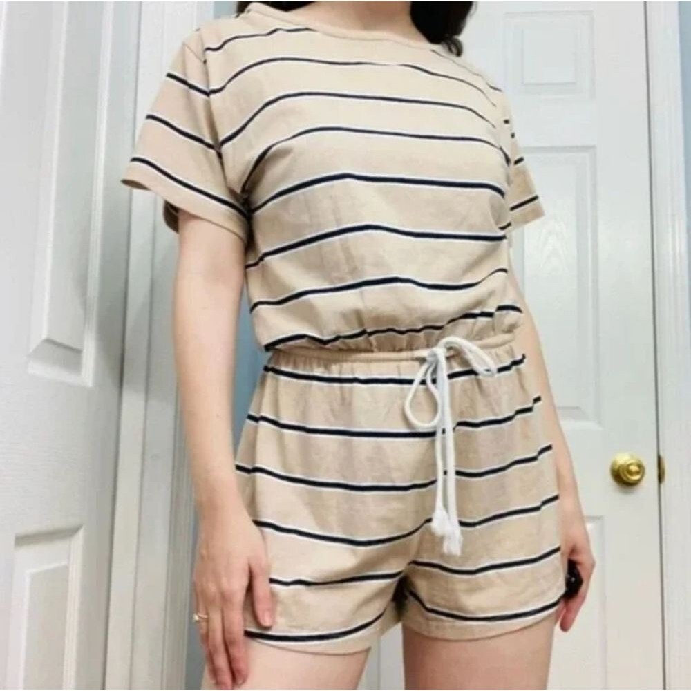 Sabo Skirt Cream Black Striped Keyhole Back Short Sleeve Romper XS